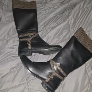 Michael Kors Black Leather Logo-Trim Riding Boots